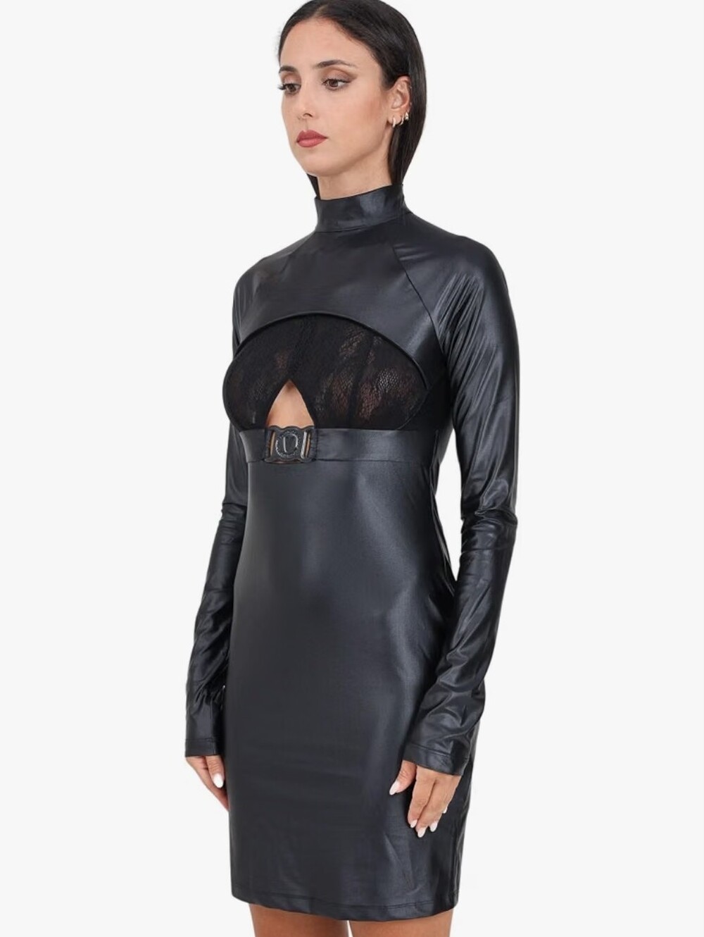Versace Black Faux Leather Cutout Mini Dress with Lace Inset